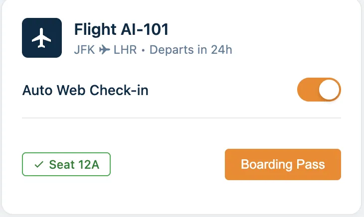 Auto web check-in switched on for a flight, with the seat and boarding pass ready
