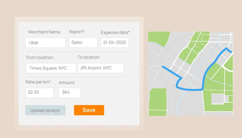 A trip expense form beside a live map of the traveller’s route