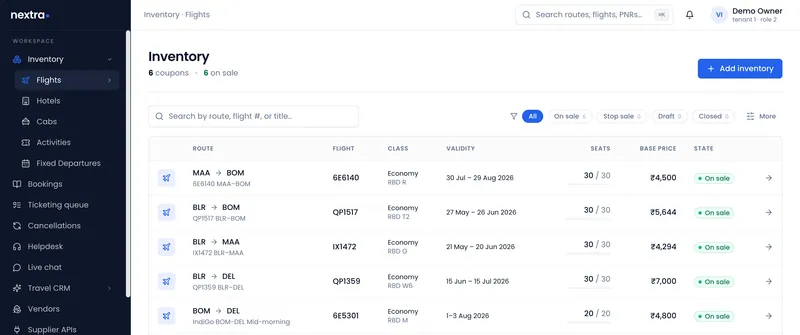 The Nextra Suite inventory screen listing contracted flights with route, flight, class, validity, seats, base price and sale state
