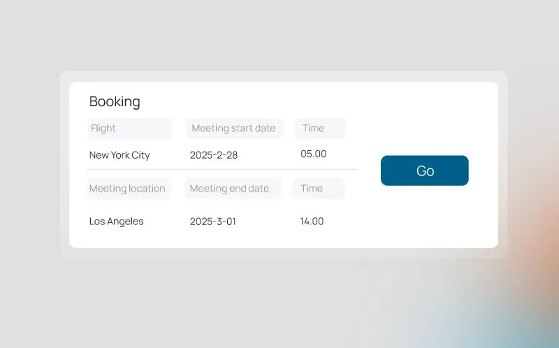 A booking form for a flight and a meeting