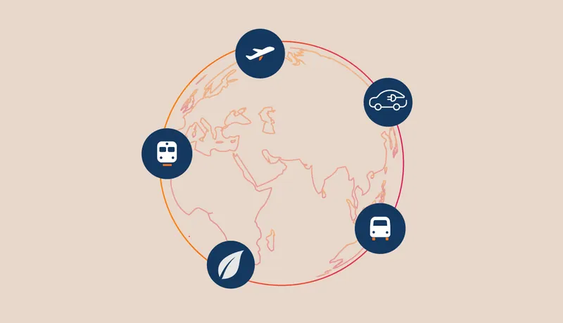 Flights, cars, trains and buses around a globe with a leaf
