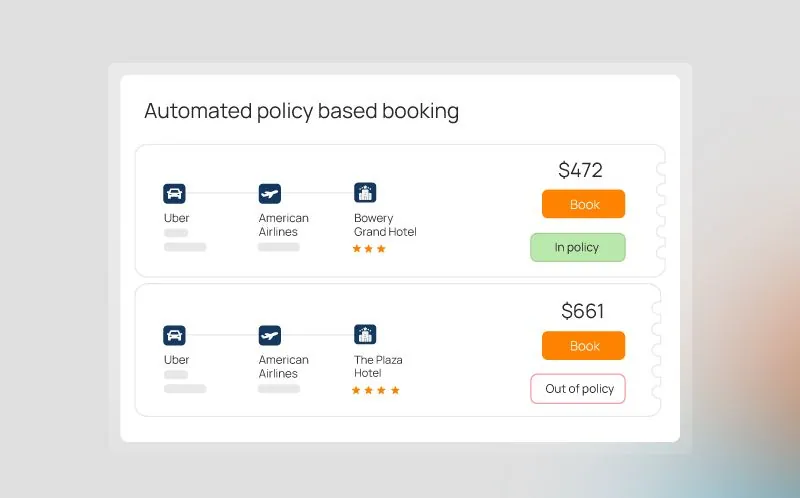 Policy-based booking showing an in-policy and an out-of-policy option